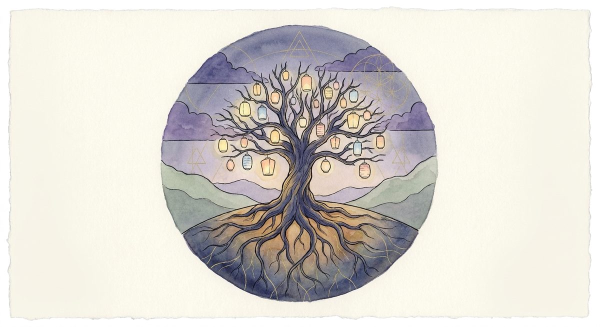 A watercolor of a single deeply rooted tree whose branches hold many lanterns, each glowing with equal brightness